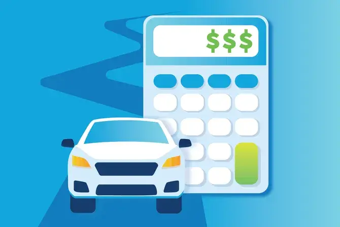 Illustration of a car beside a calculator, symbolizing auto financing or car loan calculations.