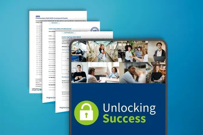 Curriculum companion titled "Unlocking Success" by Virginia Credit Union featured on a tablet with a stack of sample pages from the inside of the document behind it.