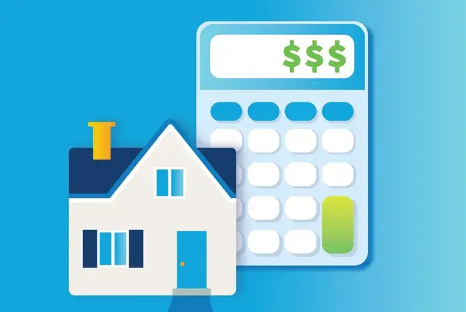 Illustration of a house next to a calculator, representing mortgage calculation or home financing planning.