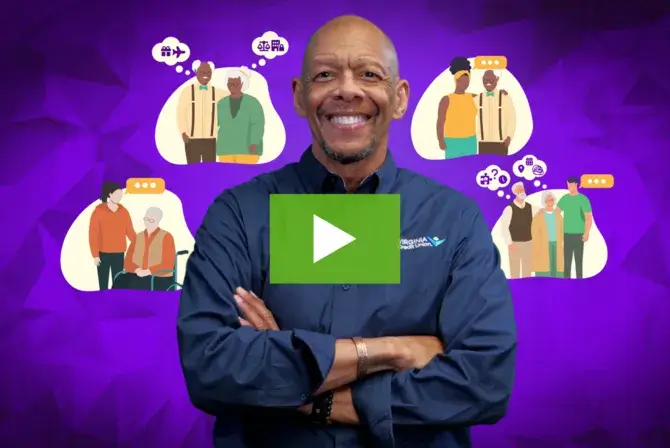 Graphic purple graphic with financial educator Chris Woodbury in the foregorund