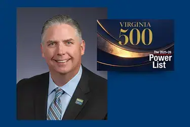 Chris Shockley headshot with blue background and Virginia 500 graphic overlaid on the right