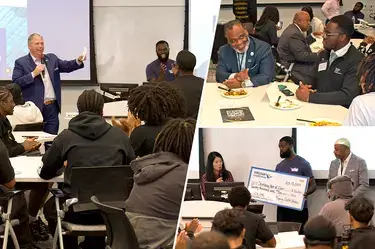 Participants smile and engaging in conversation at Developing Men of Color event