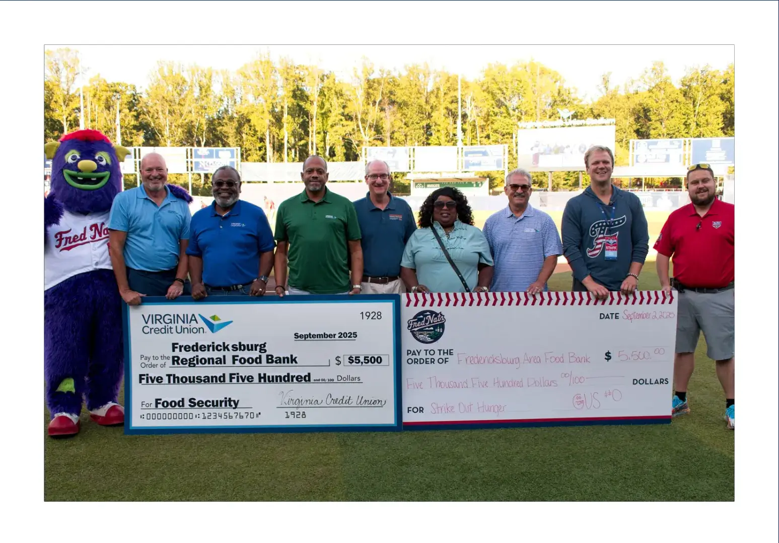 VACU presenting donation to Fredericksburg Regional Food Bank at Fred Nats game
