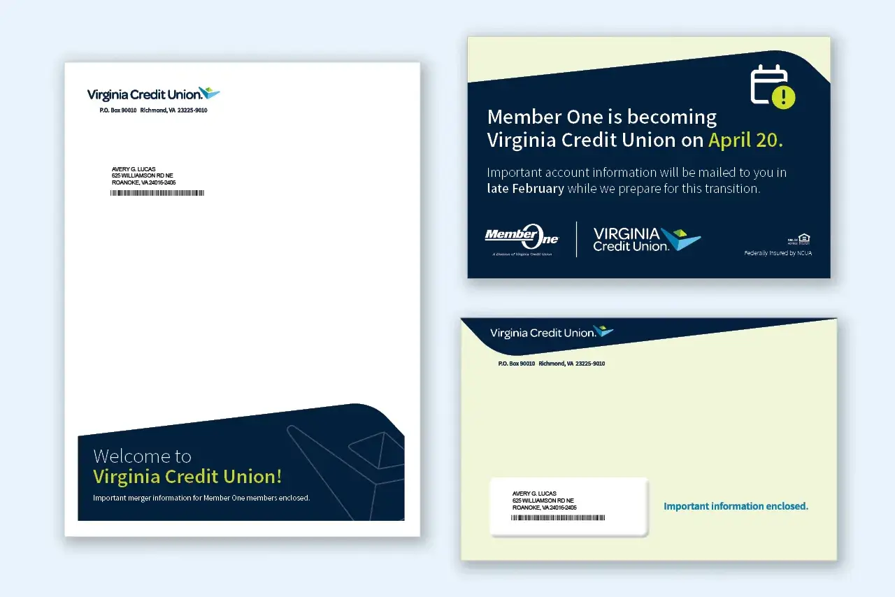 Visual graphics for merger communications, letter and postcard