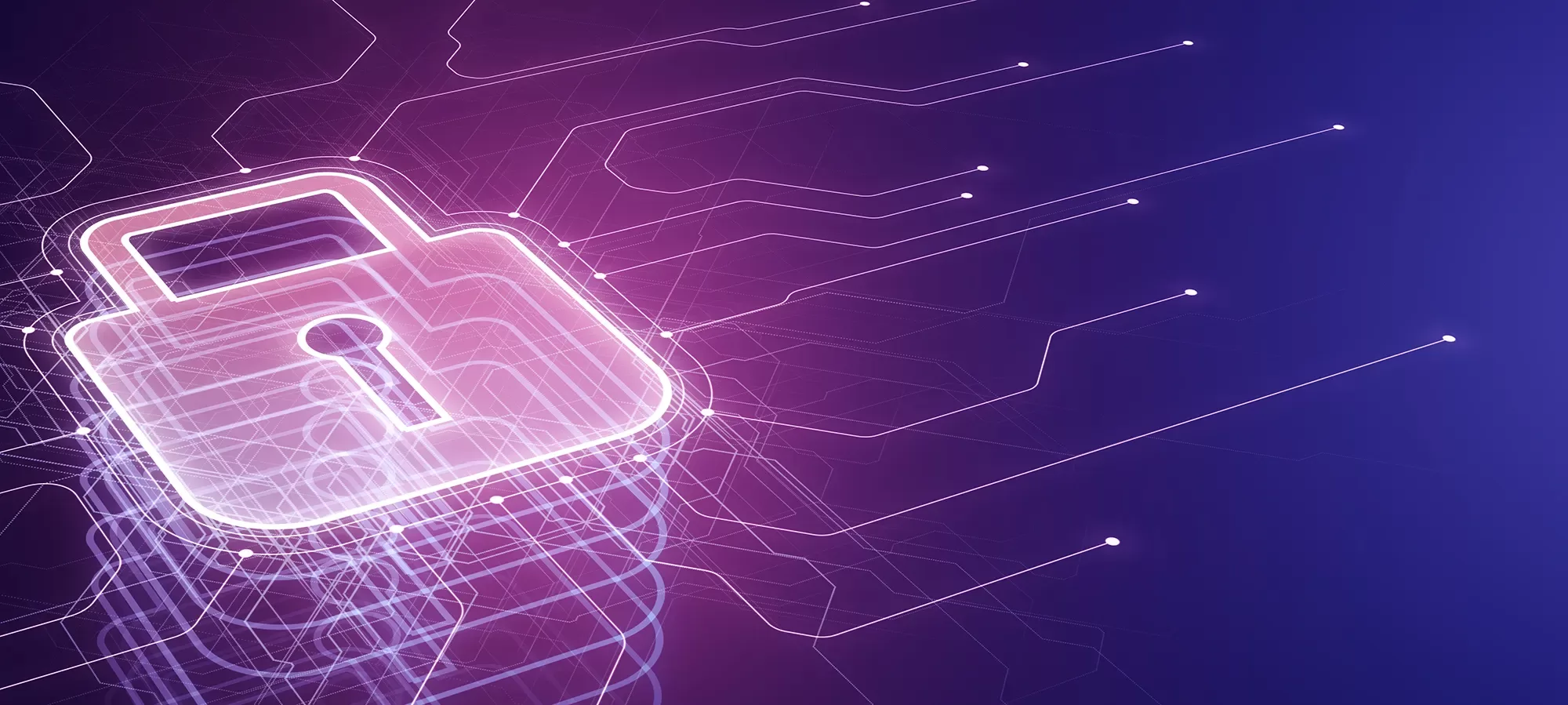 Adobe Stock 605578492 Glowing security padlock on purple backdrop Digital interface and protection concept 3 D Rendering copy